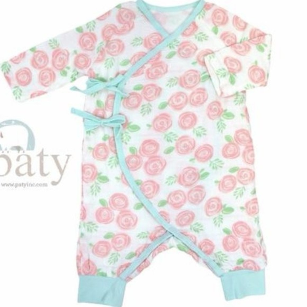 PATY Inc muslin kimono romper coverall roses print baby girl long sleeve bows
